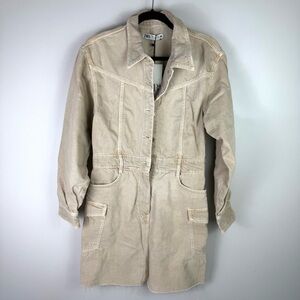 ZARA Utility Jacket Dress L Beige Denim Shirt Dress Long Sleeve Cotton Pocket